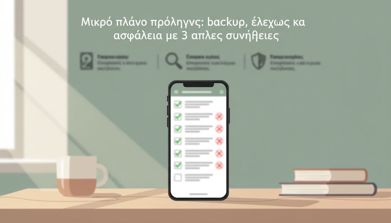 Modern flat illustration of a centered smartphone screen showing a blurred checklist with green checkmarks and red X icons for backup habits, on a wooden table with soft natural light, no readable text or people.