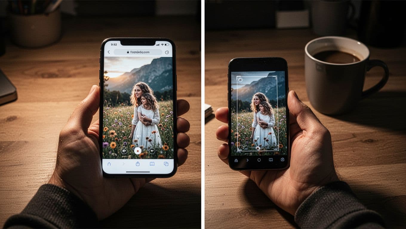 Split screen on smartphone showing original high-resolution photo on left and compressed lower quality version on right with visual size reduction indicator, held relaxed on wooden desk in cozy home office with coffee mug.