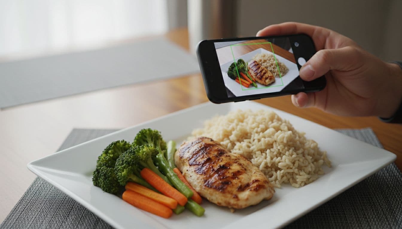 Οι 5 Καλύτερες Εφαρμογές Μέτρησης Θερμίδων από Φωτογραφία 1 Close-up of a smartphone photographing a plate of chicken, rice, and vegetables on a gym table, showcasing the food scanning process in a fitness app under bright natural light.