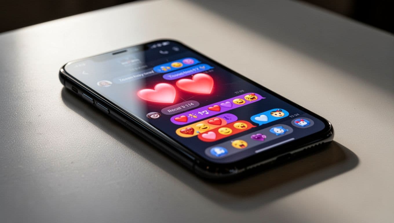 Closeup of a smartphone screen on a table with dramatic side lighting, showing Snapchat chat with heart emojis and Bitmoji reaction icons, adjacent to Instagram story reply with direct emoji likes and hearts. Cinematic strong contrast and depth, single phone only.