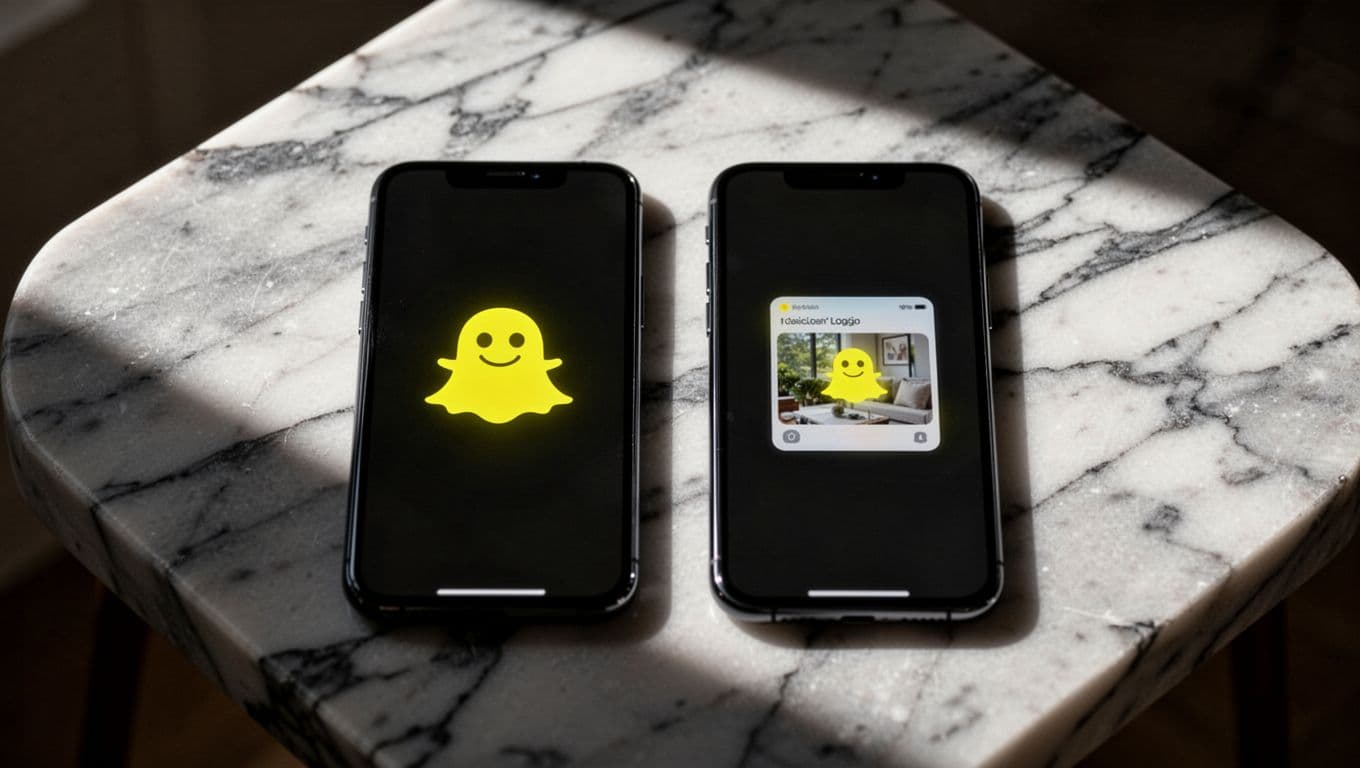 Two smartphones on a marble surface with dramatic overhead lighting and high contrast shadows. Left phone displays Snapchat's yellow arrow ghost icon for screenshot alert, right shows Instagram's yellow image notification for screenshot.