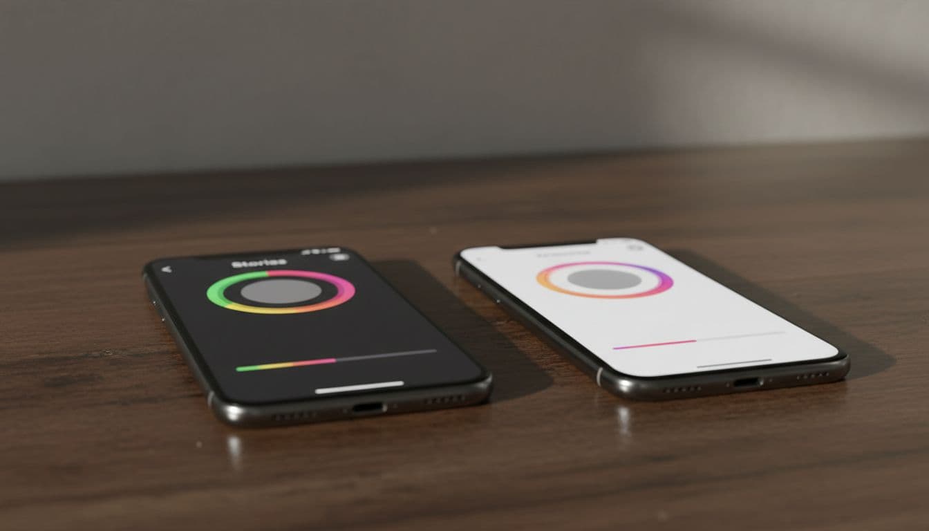 Two modern smartphones side by side on a wooden table, displaying Snapchat Stories interface on the left and Instagram Stories on the right, with similar colorful viewing rings and progress bars, cinematic style with focus on screens.