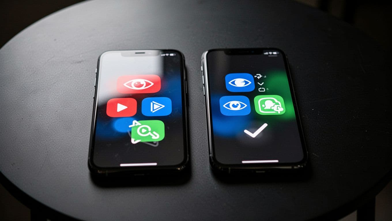 Two smartphones side by side on a dark table with dramatic cinematic lighting, strong contrast, and depth of field. Left screen displays Snapchat icons for viewer, replay, and screenshot alert; right screen shows Instagram icons for viewer list, Close Friends, and viewed status.