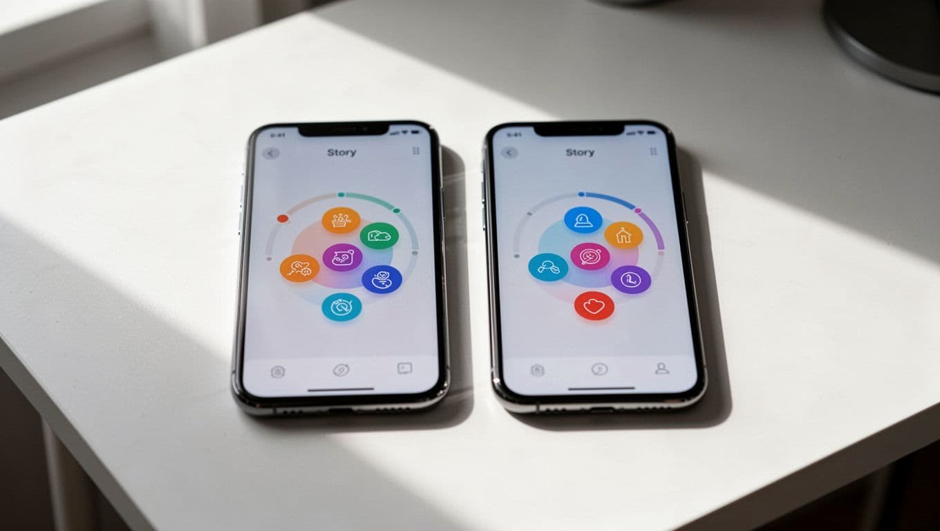 Two smartphones side by side on a minimalist white desk under soft natural light, comparing simplified Snapchat Stories feed on the left with Instagram Stories tray on the right to emphasize UI simplicity for beginners.