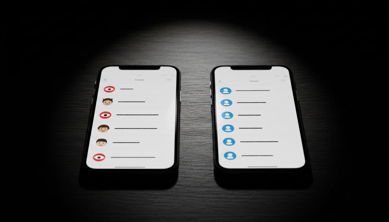 Two smartphones side by side on a dark wooden table under dramatic spotlight lighting, left screen shows Snapchat viewer list with red eye icon and Bitmoji avatars, right screen shows Instagram viewer list with blue eye icon and usernames, cinematic style with strong contrast and depth of field.