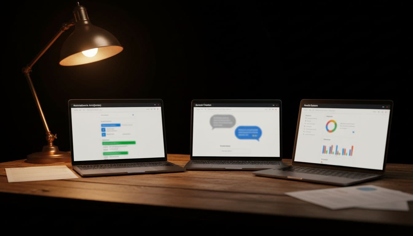 Three laptops on wooden desk under warm lamp show blurred search results, chat bubbles, and report with charts.