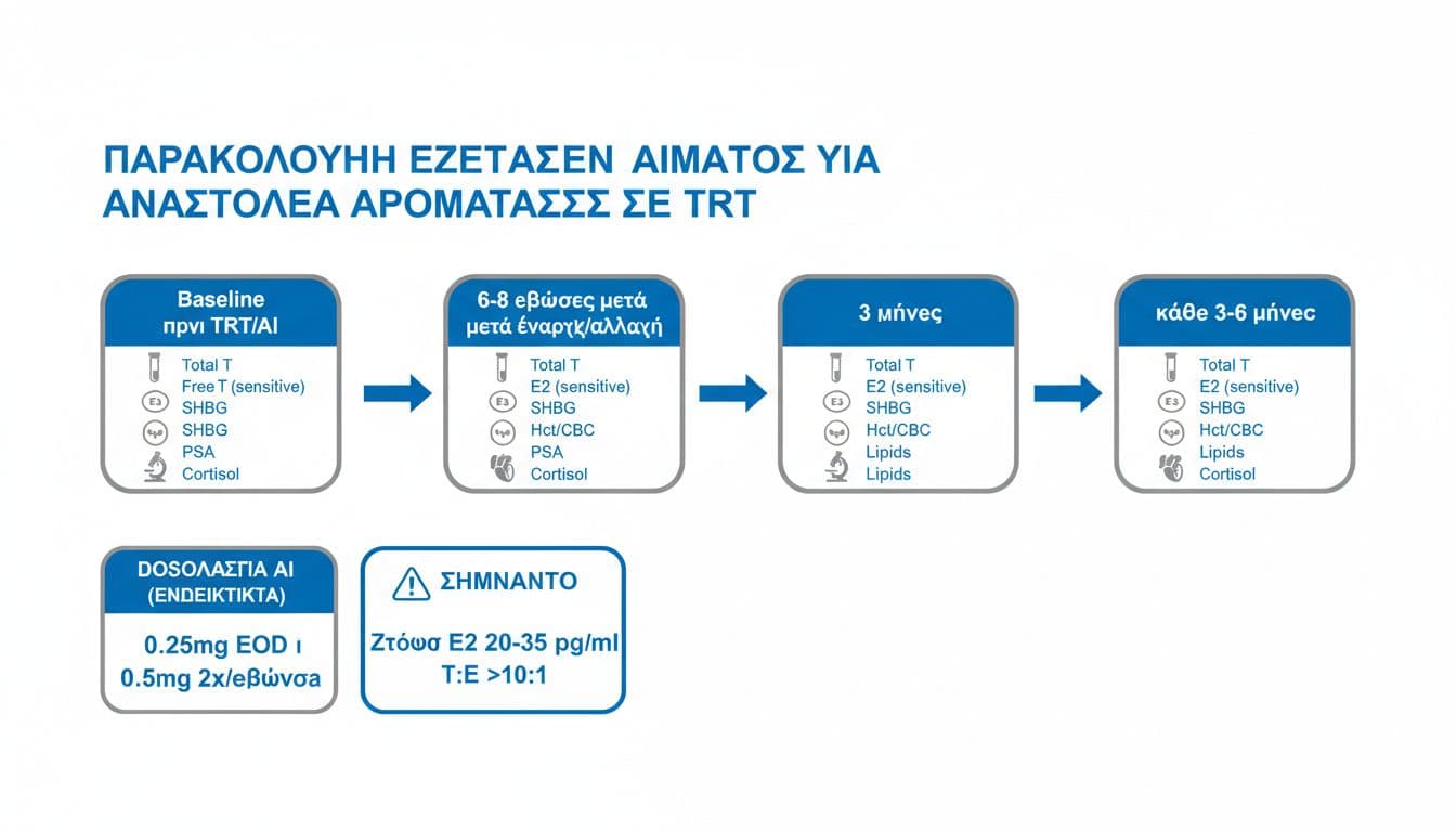 Αναστολέας αρωματάσης (π.χ. anastrozole) σε TRT, πότε έχει νόημα, πότε σε χαλάει, πώς το παρακολουθείς με εξετάσεις 3 TRT AI blood test monitoring timeline infographic
