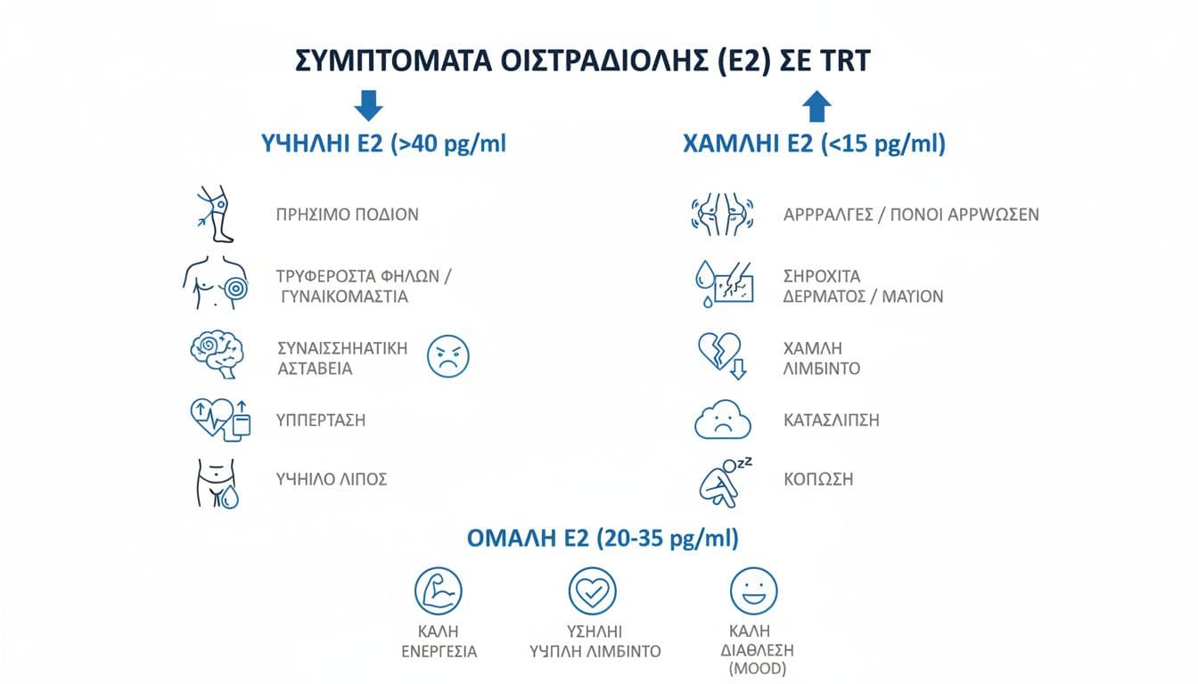 Αναστολέας αρωματάσης (π.χ. anastrozole) σε TRT, πότε έχει νόημα, πότε σε χαλάει, πώς το παρακολουθείς με εξετάσεις 2 High vs low estradiol symptoms TRT infographic