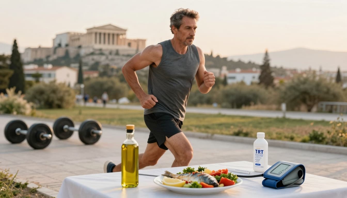 TRT και χοληστερόλη, τι αλλάζει σε LDL, HDL, ApoB και Lp(a), πότε σε νοιάζει και τι κάνεις πρακτικά 3 Photorealistic image of a fit Greek man in his 50s jogging at dawn in Athens, with a healthy Mediterranean meal featuring olive oil, fish, and veggies nearby, gym weights in the background, and subtle blood pressure cuff and lipid test kit.