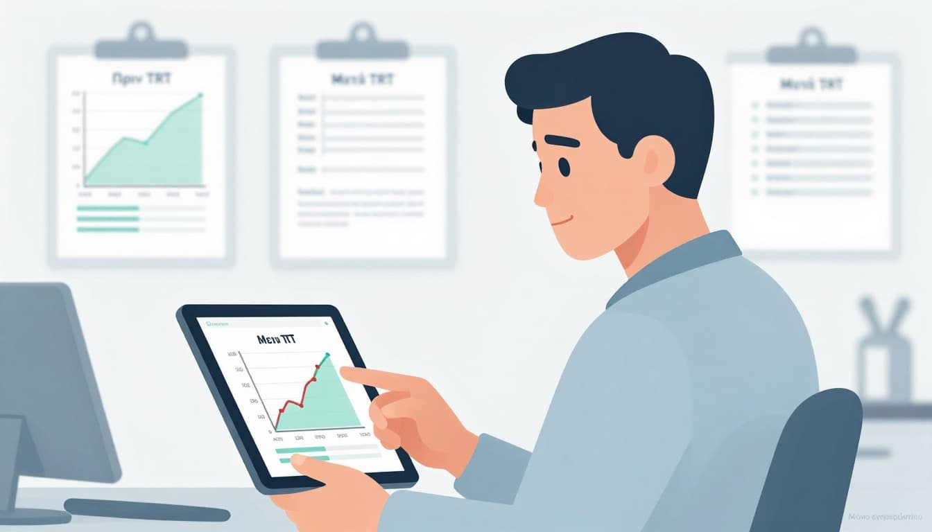 TRT και χοληστερόλη, τι αλλάζει σε LDL, HDL, ApoB και Lp(a), πότε σε νοιάζει και τι κάνεις πρακτικά 2 Flat vector illustration of a man in his 40s reviewing blood test lipid profiles on a tablet before and after TRT, highlighting ApoB and Lp(a) with a doctor in a modern office.