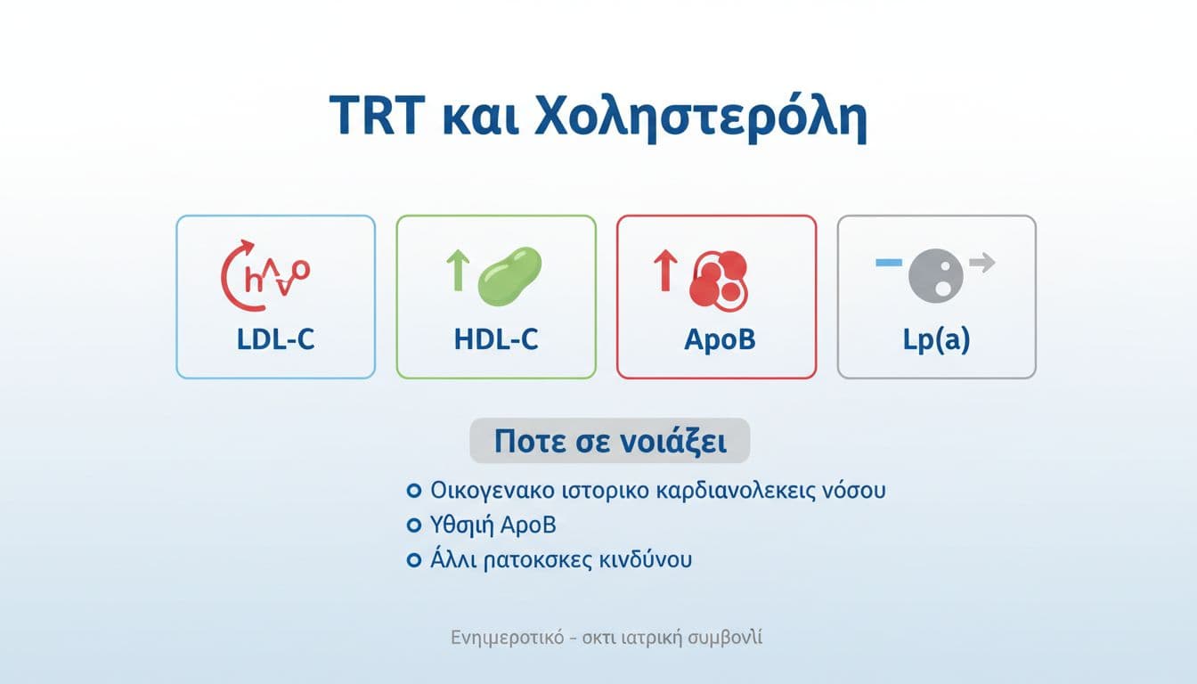 TRT και χοληστερόλη, τι αλλάζει σε LDL, HDL, ApoB και Lp(a), πότε σε νοιάζει και τι κάνεις πρακτικά 1 A clean, modern Greek-language medical infographic detailing the effects of TRT on lipid profiles, including LDL-C, HDL-C, ApoB, and Lp(a), with icons, arrows indicating changes, risk factors, and a disclaimer.