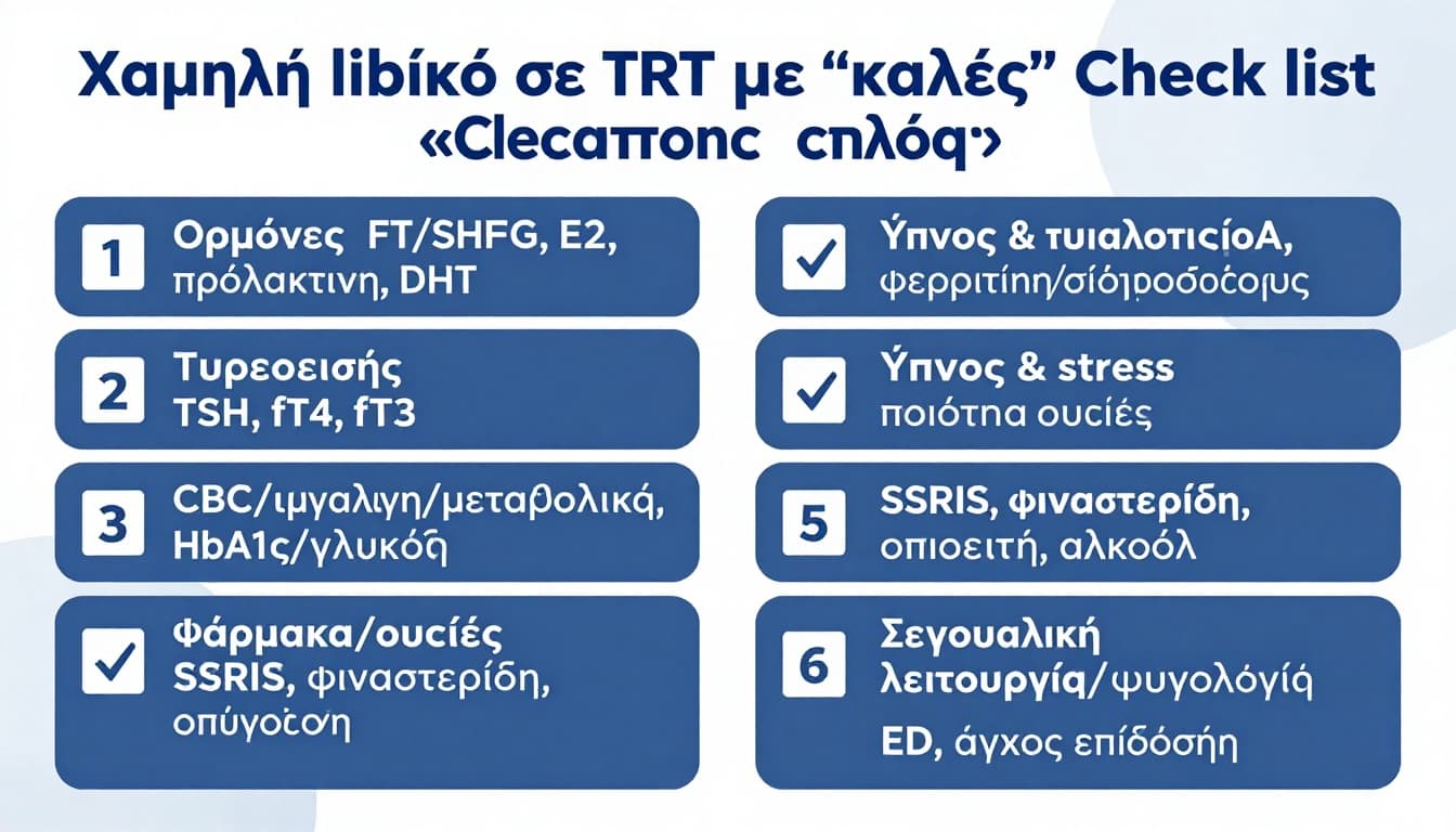 Χαμηλή libido σε TRT με «καλές» τιμές, check list για FT, E2, προλακτίνη, θυρεοειδή, ύπνο και φάρμακα 1 Medical checklist infographic in Greek about low libido on TRT, covering hormones, thyroid, labs, sleep, medications, and psychology