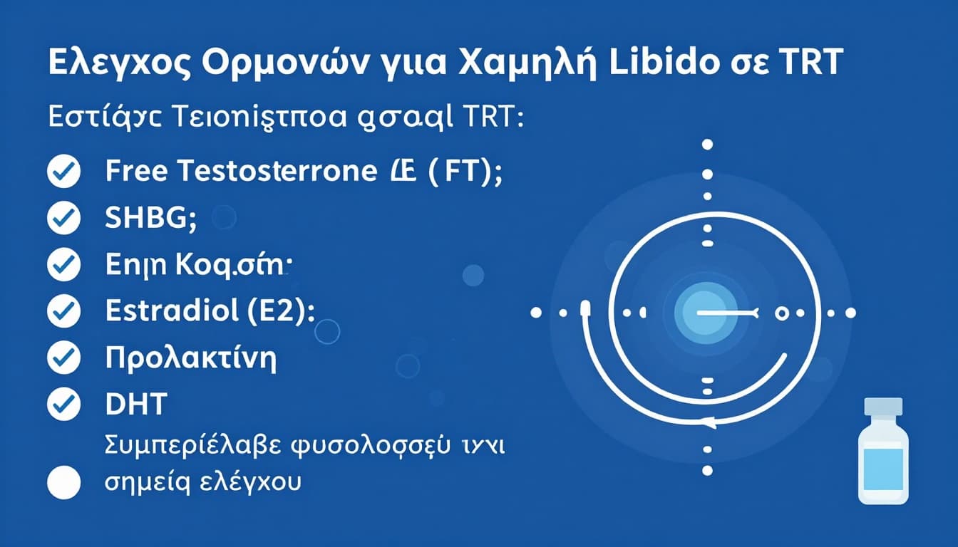 Χαμηλή libido σε TRT με «καλές» τιμές, check list για FT, E2, προλακτίνη, θυρεοειδή, ύπνο και φάρμακα 2 Medical infographic in Greek focusing on hormone checks for low libido on TRT: FT, SHBG, estradiol E2, prolactin, DHT