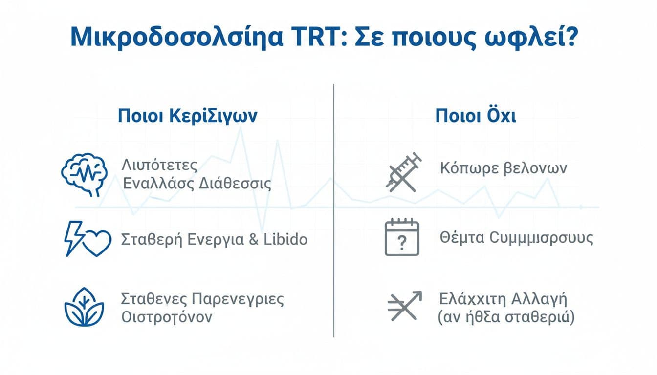 TRT με μικρο-δόσεις (daily ή EOD), ποιοι κερδίζουν στα συμπτώματα, ποιοι όχι, τι να παρακολουθείς 2 A clean, medical-style Greek-language infographic in landscape format detailing who benefits from TRT micro-dosing (less mood swings, stable energy/libido, fewer estrogen sides) versus who does not (needle fatigue, adherence issues, minimal changes if already stable), featuring simple line art icons, faint hormone stability graph background, minimal white design with blue/gray accents.