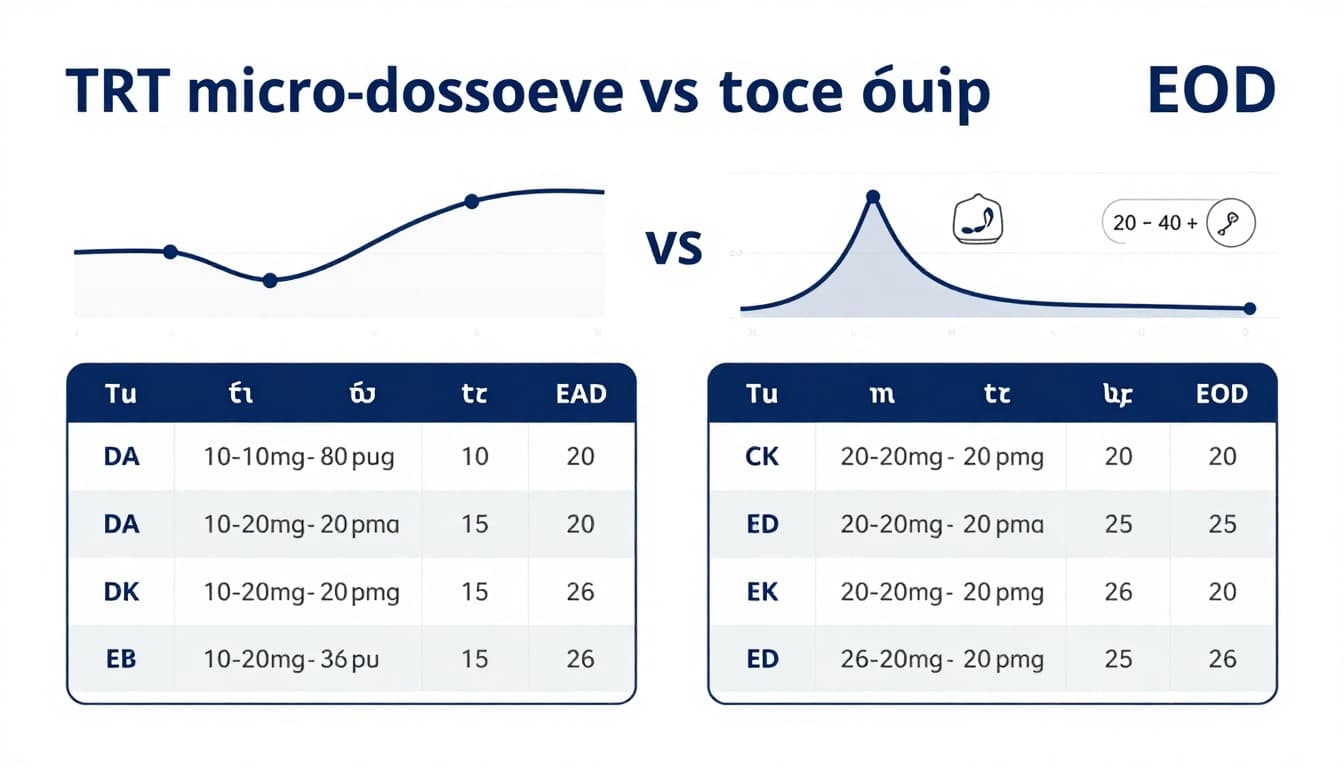 TRT με μικρο-δόσεις (daily ή EOD), ποιοι κερδίζουν στα συμπτώματα, ποιοι όχι, τι να παρακολουθείς 1 Clean medical-style Greek-language infographic comparing daily micro-dosing (10-20mg) and every-other-day (EOD, 20-40mg) TRT schedules, featuring side-by-side calendars, pharmacokinetic curves, and icons for stable energy, mood, and libido.