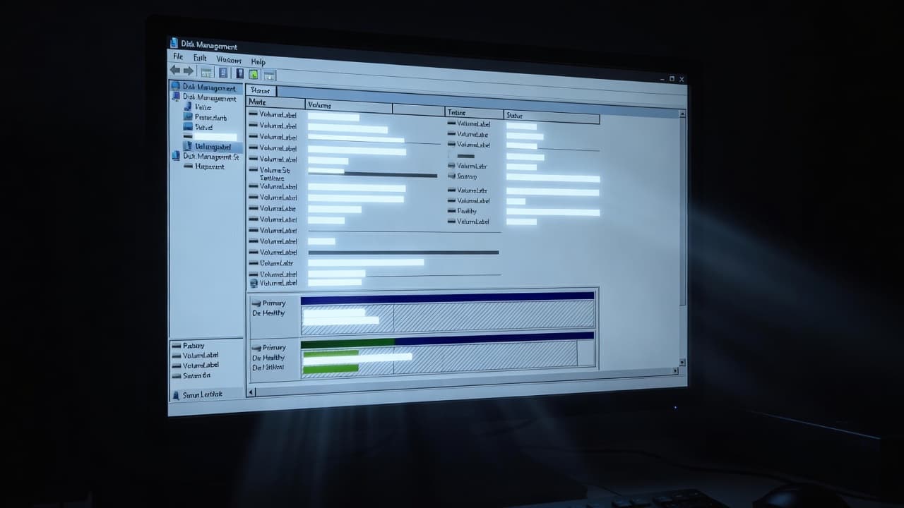 A close-up view of a computer monitor showcasing advanced disk management interface windows under moody, high-contrast studio lighting. Glowing screen elements highlight technical troubleshooting steps for managing connected external storage drives.