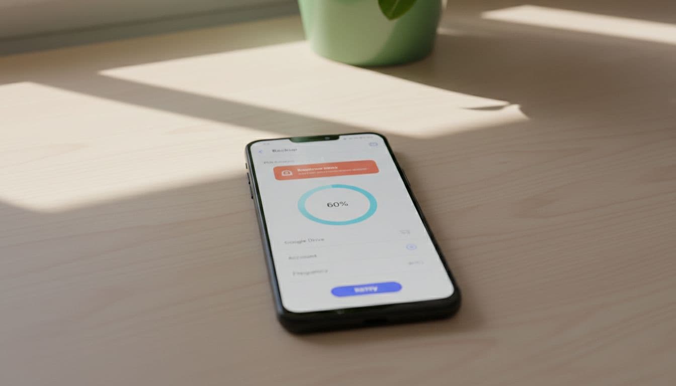 Android smartphone on a desk showing Viber app backup settings screen with blurred error indicator and incomplete progress bar, in natural daylight lighting.