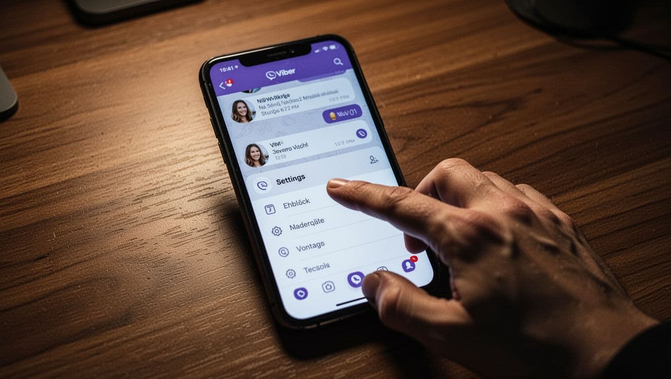 Smartphone screen showing Viber app with open chat lacking visible block option in menu, finger tapping settings on wooden desk in cinematic style with dramatic lighting.