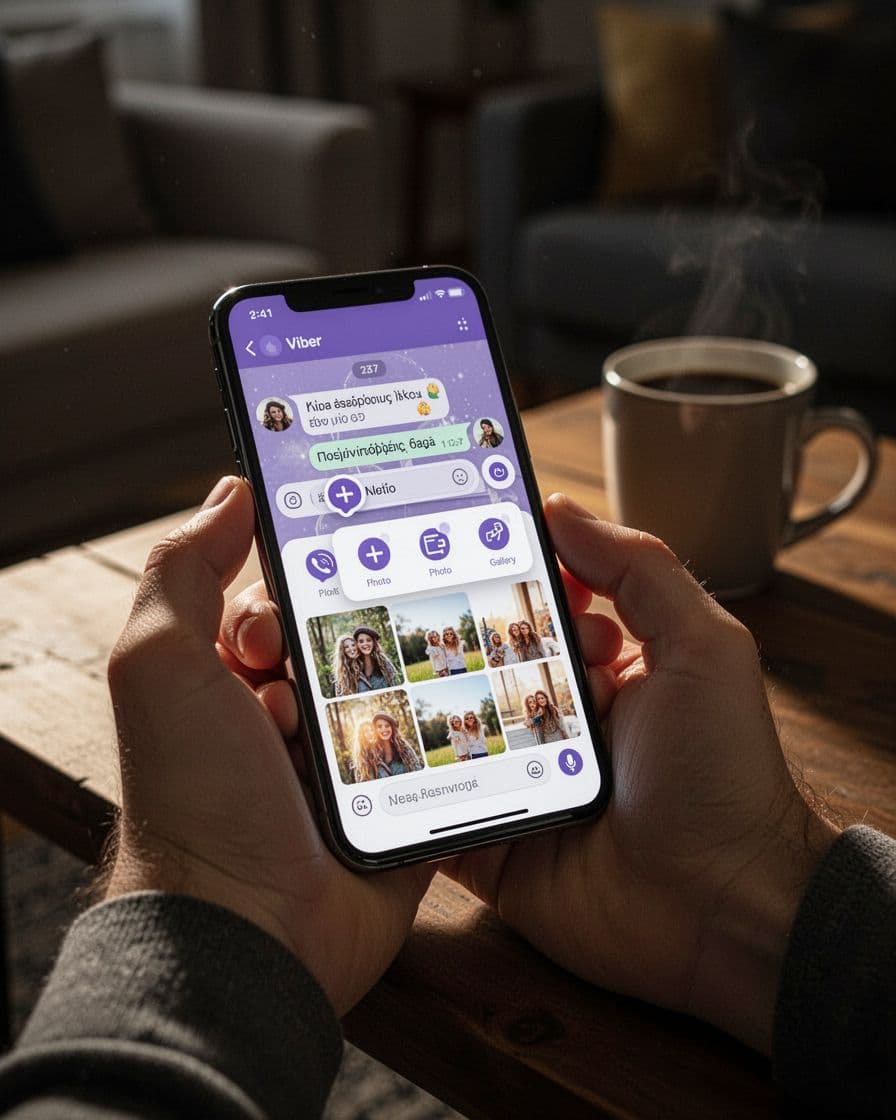 Close-up of a modern smartphone held in a relaxed hand with Viber app open to chat interface, attachment icon expanded to photo gallery thumbnails. Cozy living room on wooden table with coffee mug, cinematic style with strong contrast and dramatic side lighting.