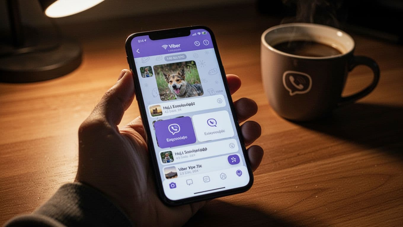 Smartphone held in hand showing Viber chat attachment menu with low data usage indicator, WiFi and mobile data icons, cozy desk background with coffee mug. Cinematic style with dramatic side lighting and strong contrast.