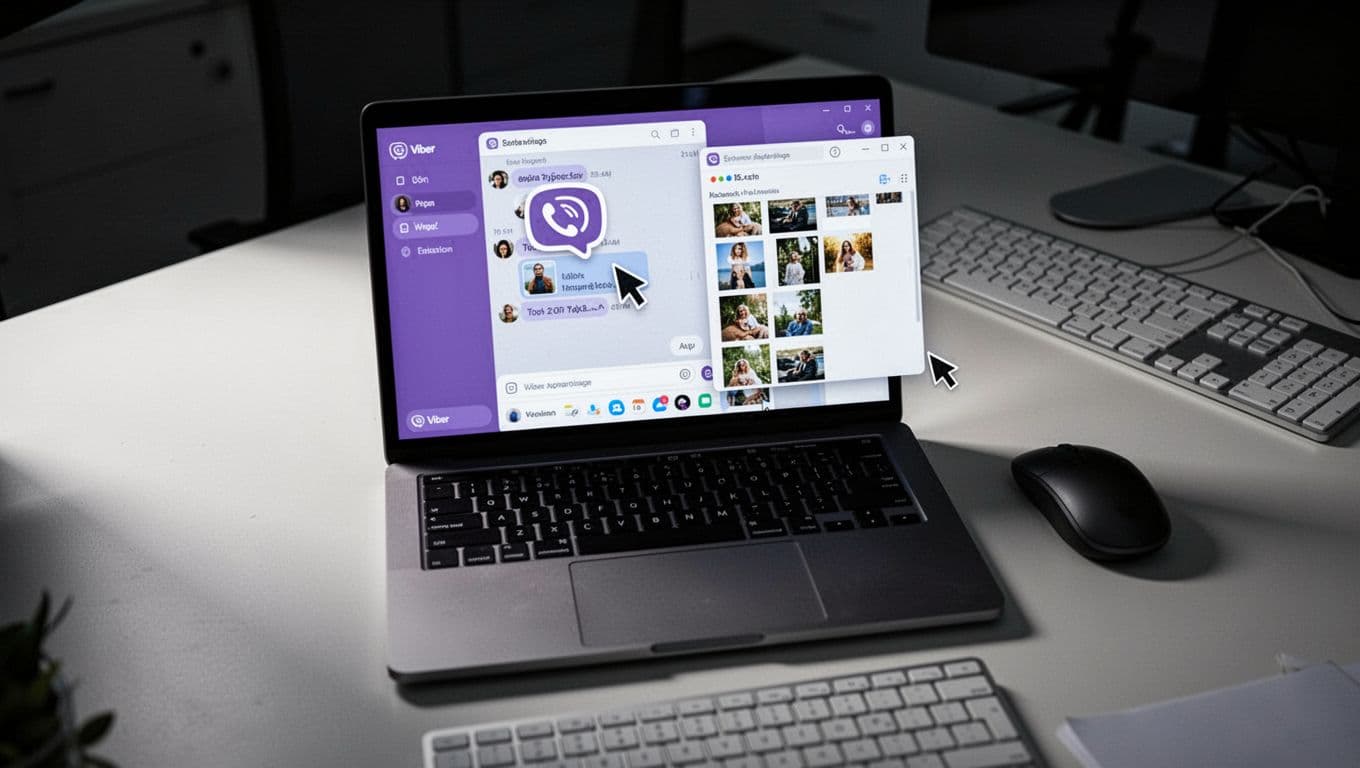 Laptop on a clean office desk displays Viber desktop application with chat window open, attachment icon clicked, and file explorer selecting photo files as the mouse cursor hovers over images, keyboard nearby in cinematic style.