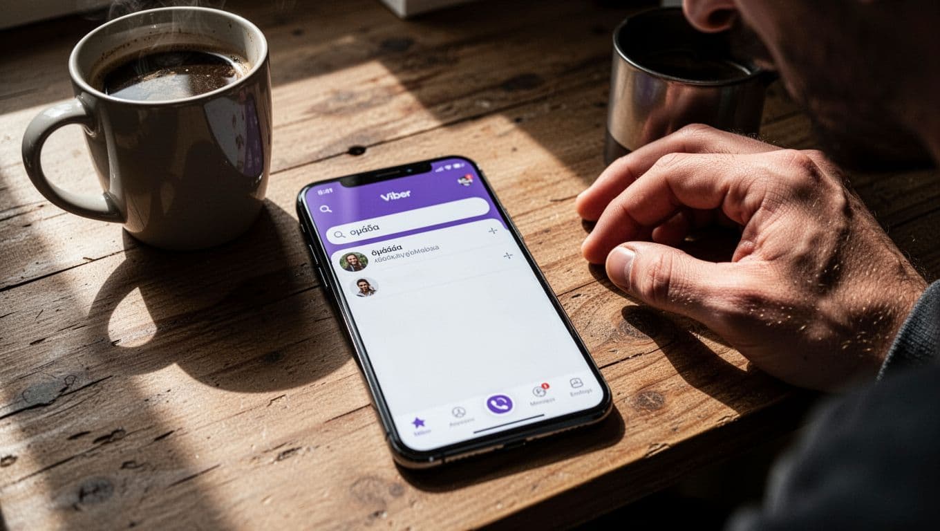 Smartphone screen displaying Viber app search tab with 'ομάδα' keyword and empty results list, phone on wooden desk next to coffee mug with frustrated hand nearby, cinematic dramatic lighting.