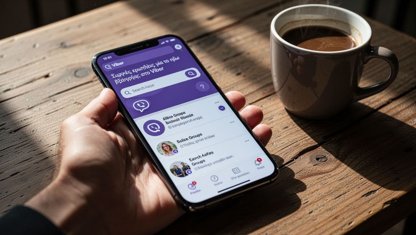 Smartphone screen displaying Viber app FAQ section or group search with question icons, on wooden table with coffee mug, cinematic style, dramatic natural daylight.