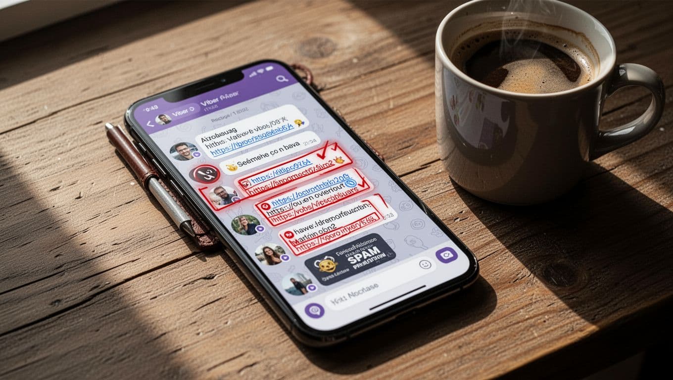 Smartphone screen displaying Viber group chat with red flags like suspicious shortened links, unknown avatars, and spam posts, on a wooden desk with coffee mug in cinematic style.