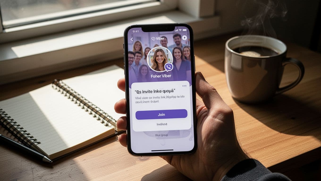 Smartphone held in hand on a desk shows Viber app interface with group invite preview window displaying name, member count, description, and prominent join button, captured in cinematic style with dramatic natural daylight and depth of field.