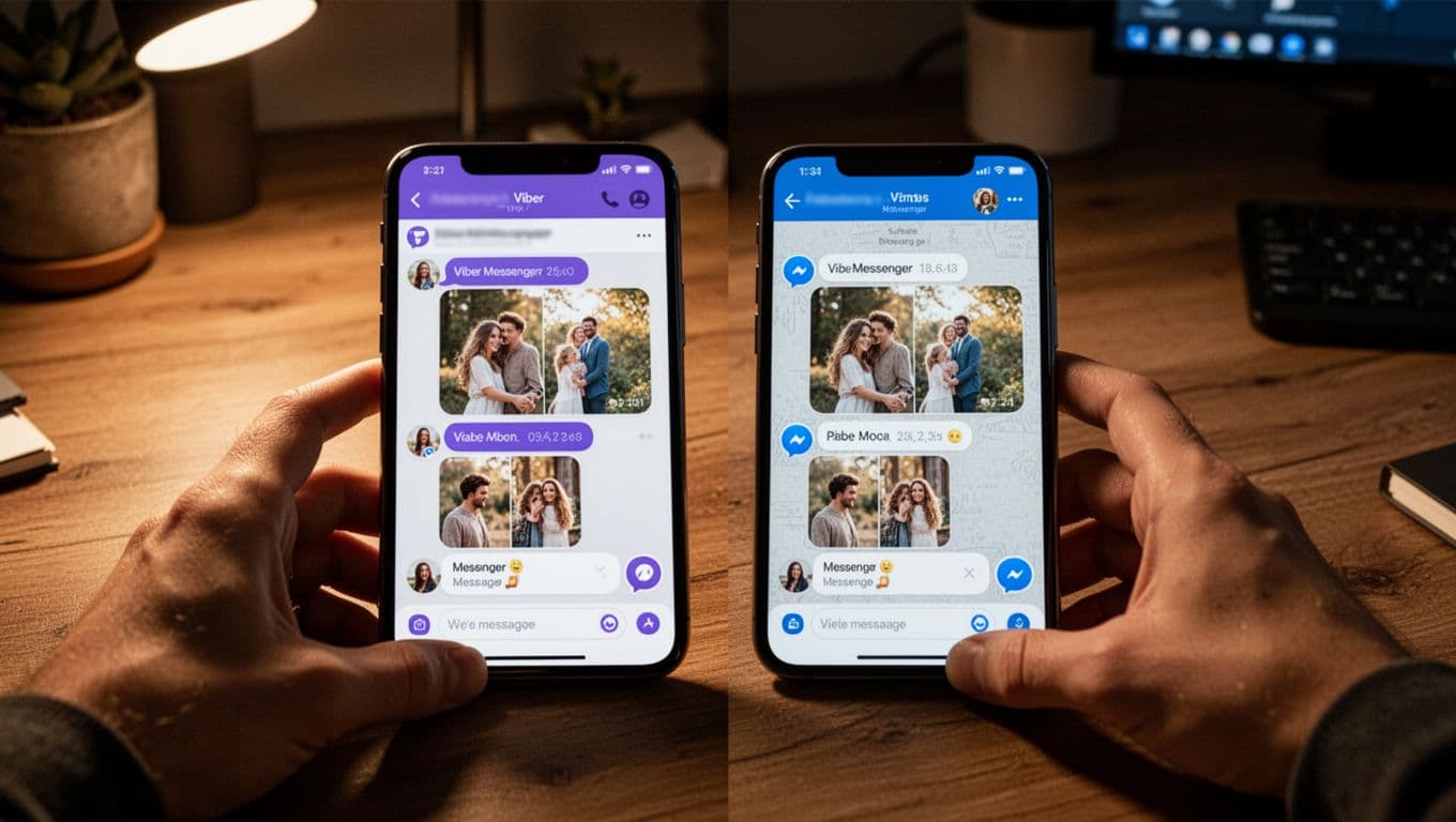 Two modern smartphones side by side on a wooden desk in a cozy home office, screens displaying Viber and Facebook Messenger chat interfaces with photo thumbnails selected for sharing, cinematic style with dramatic side lighting.