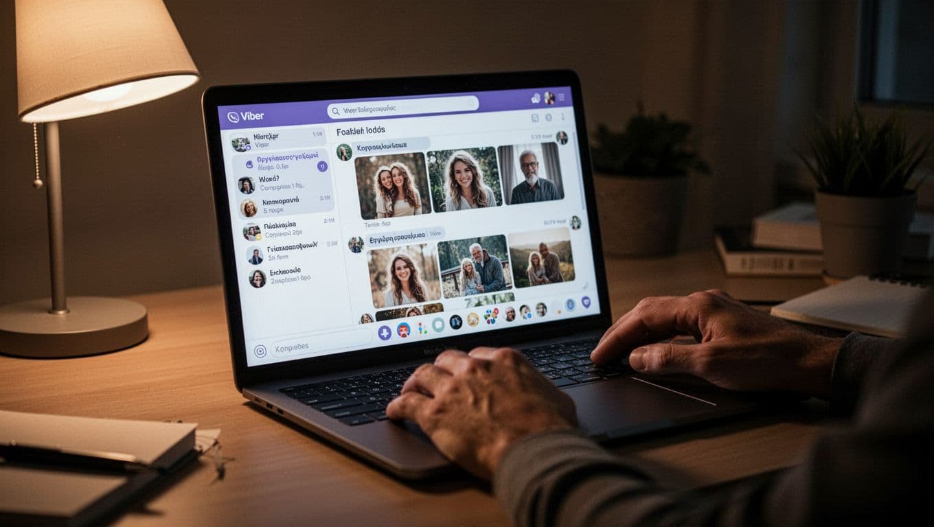 Laptop screen showing organized Viber chats with open media gallery displaying thumbnails of old photos, relaxed hands on desk in cozy home office with soft lamp light and cinematic side lighting.