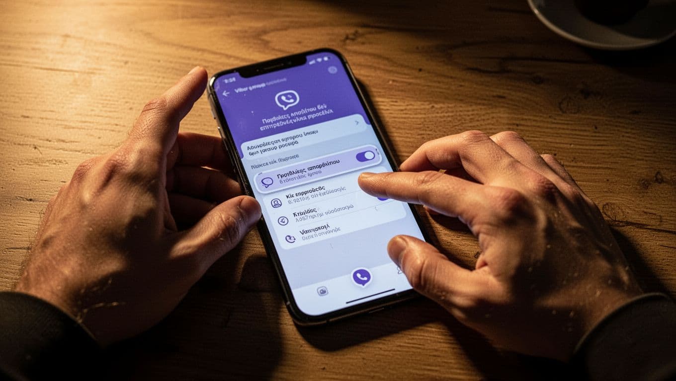 Smartphone screen displaying Viber privacy settings menu restricting group additions, with a finger pointing to the option on a wooden table under warm cinematic lighting with strong contrast.