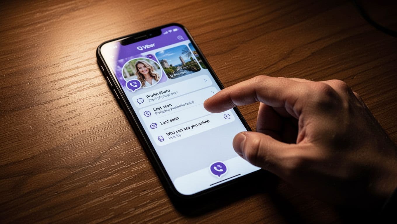 Smartphone screen showing Viber privacy settings menu for profile photo visibility, last seen, and online status, with a hand pointing to a setting on a wooden desk in cinematic style with strong contrast and dramatic lighting.