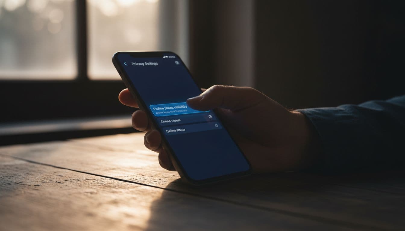 Smartphone screen displaying Viber app privacy settings menu with profile photo visibility and online status options highlighted, hand lightly tapping the screen on a wooden desk with cinematic lighting and depth of field.