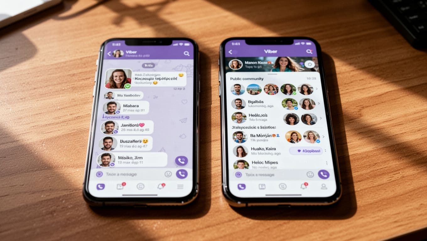 Two smartphones side by side on a wooden desk showing Viber interfaces: left displays a small private group chat with few members, right shows a large public community with many members and categories. Natural daylight, cinematic depth of field, strong contrast, no readable text.