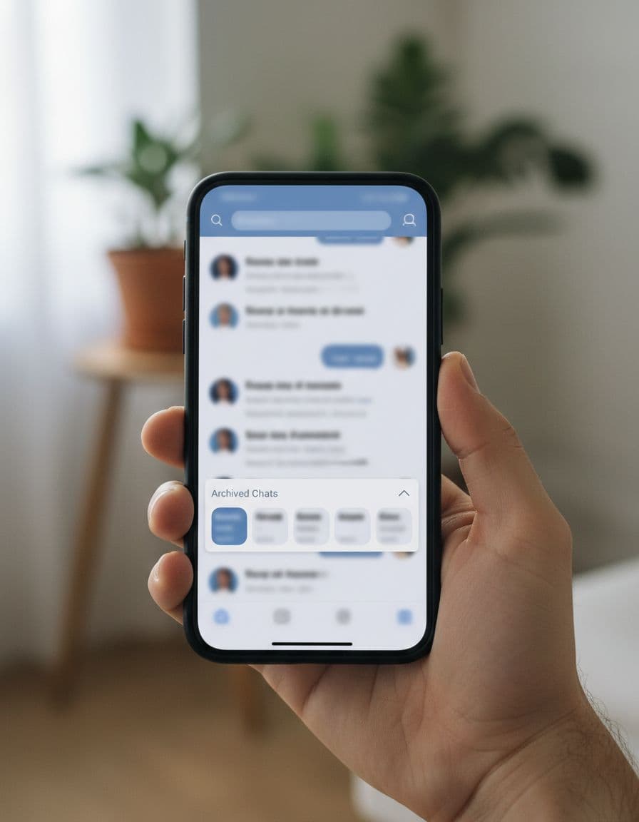 Hand holding smartphone displaying Viber chats list with top search bar and expanded archived section showing thumbnails, modern soft blue UI, natural indoor lighting, focused clean composition.