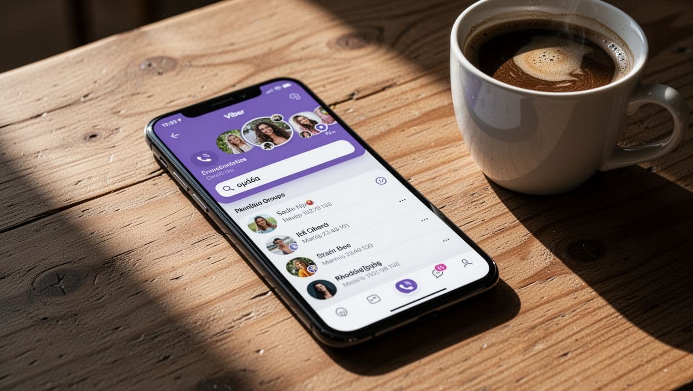 Smartphone screen showing Viber app with active search bar for finding groups, typing 'ομάδα', and list of community results, placed on wooden table with coffee mug, cinematic natural daylight lighting.