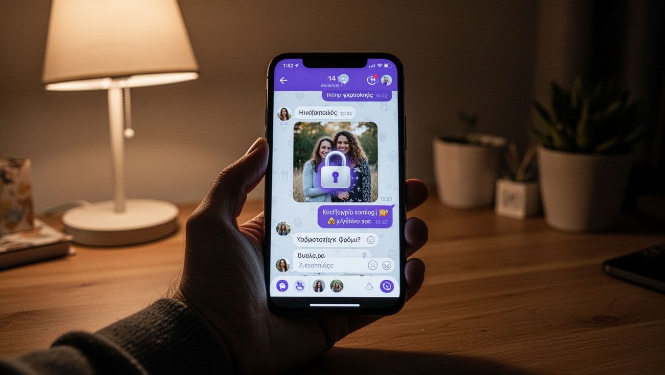 Smartphone held in relaxed hand displaying Viber chat with padlock icon for encryption and secure photo sharing interface on cozy home desk with cinematic lighting.