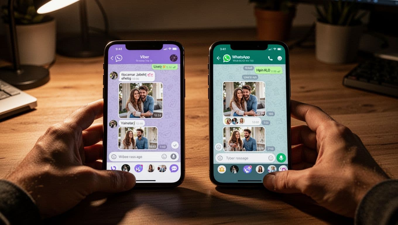 Two modern smartphones side by side on a wooden desk in a cozy home office, screens displaying Viber and WhatsApp chat interfaces with photo thumbnails selected for sharing.