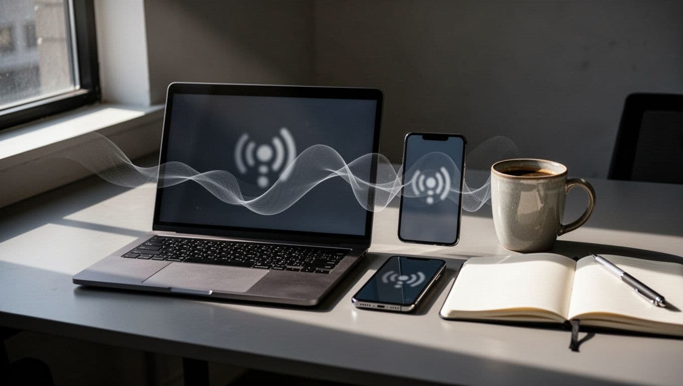 Laptop and smartphone on office desk with coffee mug and notebook, faint WiFi icons on blurred screens and subtle connection waves between.