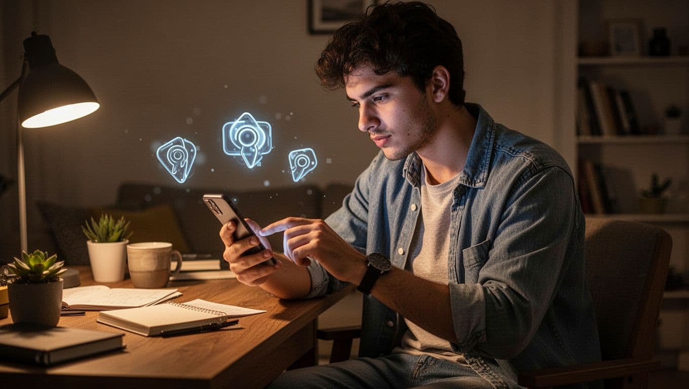 Young Greek adult in casual clothes at a cozy desk, checking smartphone story privacy settings with floating lock icons and eye symbols, focused expression in cinematic style.