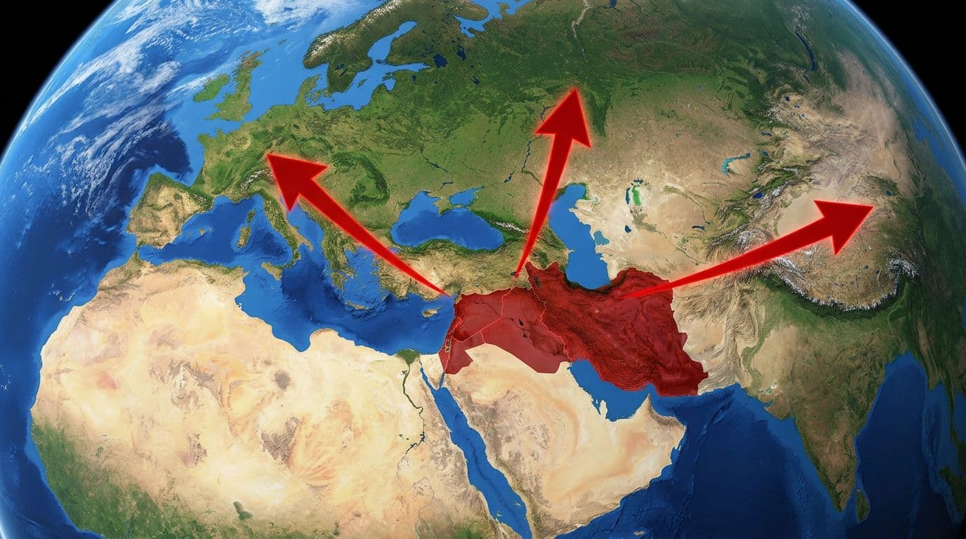 A realistic Earth globe viewed from space with a simple geopolitical overlay highlighting the Middle East conflict zone from Israel to Iran, featuring red escalation arrows pointing to Europe, Russia, and China in neutral blue tones.