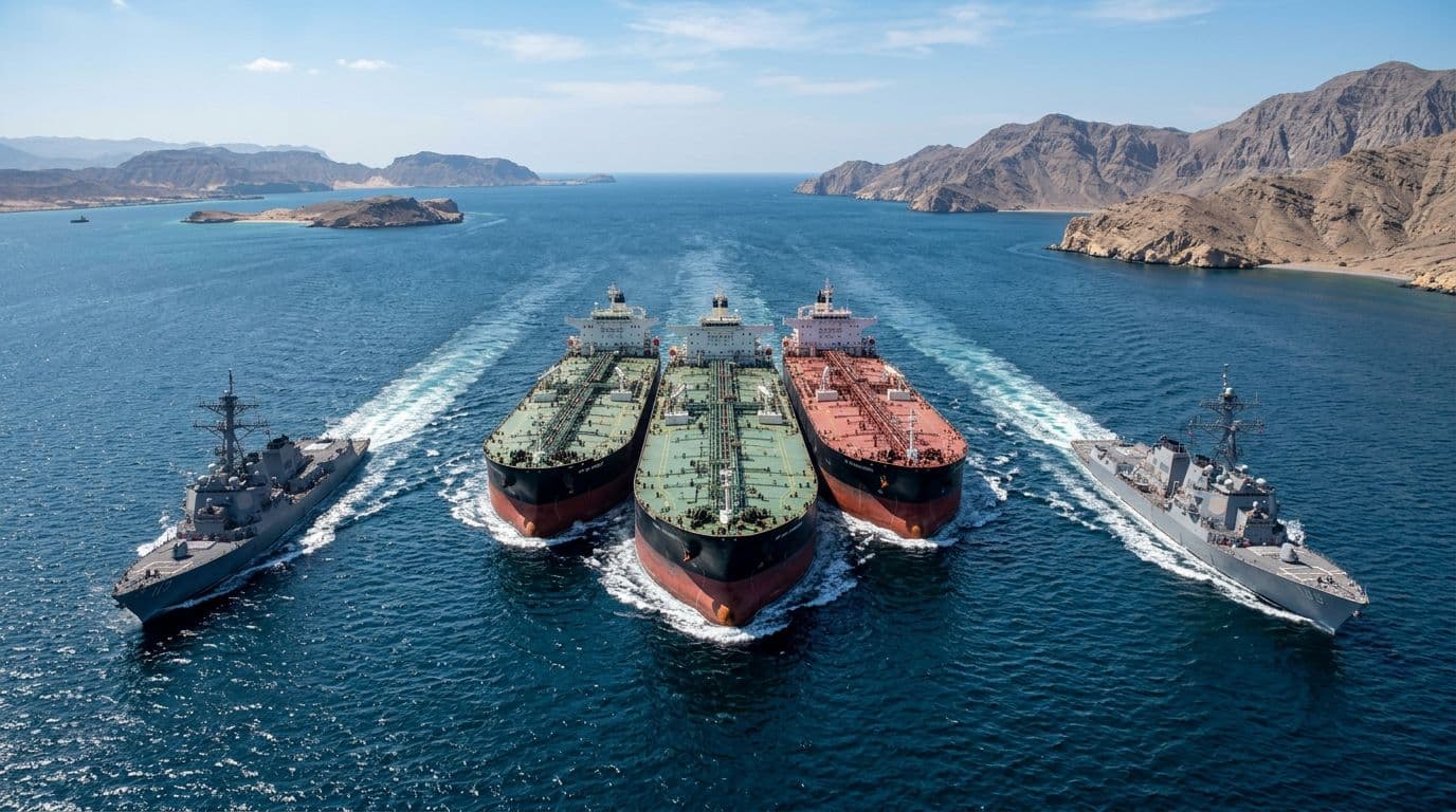 Aerial photo capturing several large oil tankers sailing closely together in the Strait of Hormuz, flanked by US Navy warships on patrol amid clear blue waters under a sunny sky, evoking a tense atmosphere with visible ship wakes.