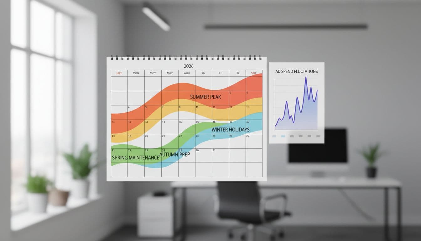 Wall calendar for 2026 with highlighted seasonal periods next to ad spend fluctuation chart in modern office.