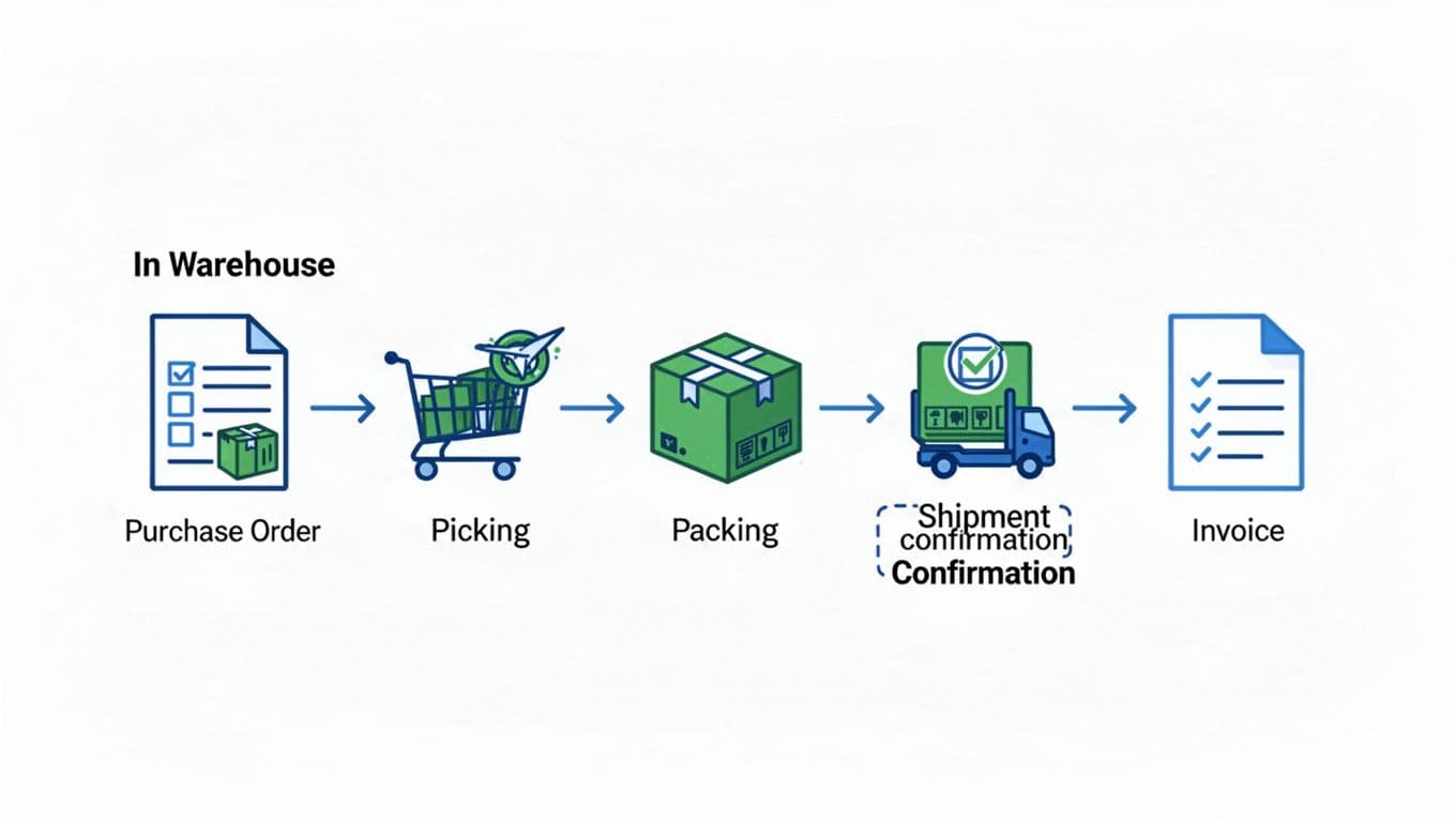 Clean flowchart illustration of EDI data flow in 3PL warehouse: incoming purchase order to picking and packing icons, then shipment confirmation and invoice, with simple icons connected by arrows on white background in flat modern blue and green tones.