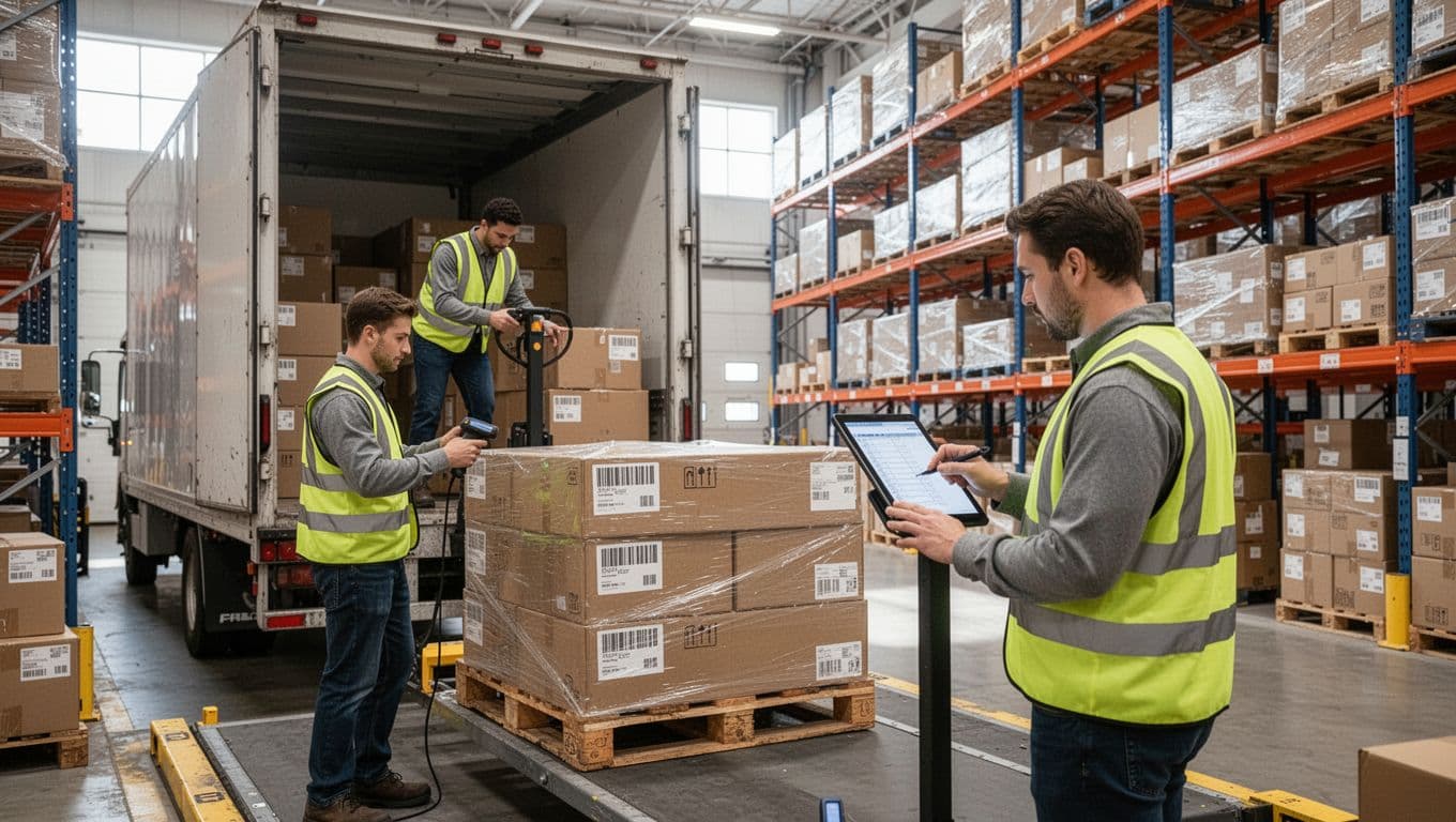 Two workers in safety vests unload boxes from a truck at a modern warehouse receiving dock; one scans a barcode on a pallet, the other checks inventory on a tablet amid organized shelves and bright natural light.