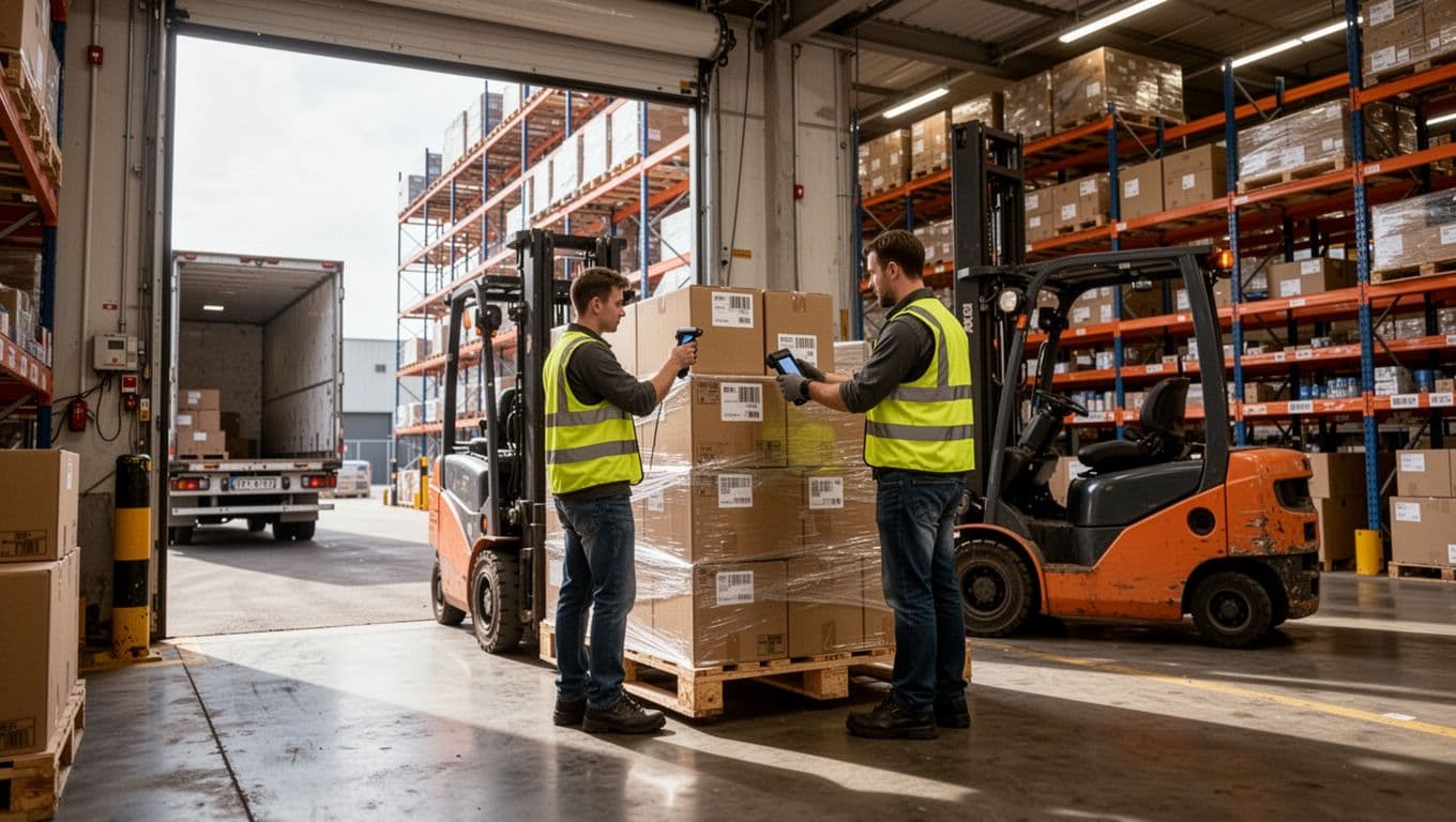 Photorealistic image of a single warehouse worker in a 3PL warehouse at a loading dock door, scanning barcode on an incoming wooden pallet stacked with cardboard boxes using a handheld scanner, with a forklift parked nearby and an open bay door showing a truck tail.