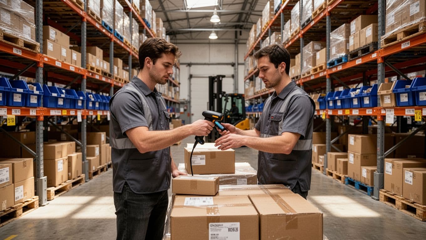 Photorealistic image of a single warehouse worker in a 3PL warehouse using a handheld barcode scanner on a pallet of boxes, standing in a wide aisle between tall metal shelves with a forklift in the background.