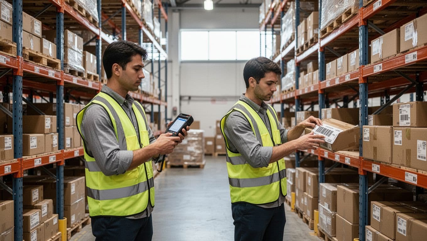Modern warehouse interior showing two workers in safety vests: one scanning barcode while receiving boxes, another picking items from shelves for orders, with organized racks and natural light.