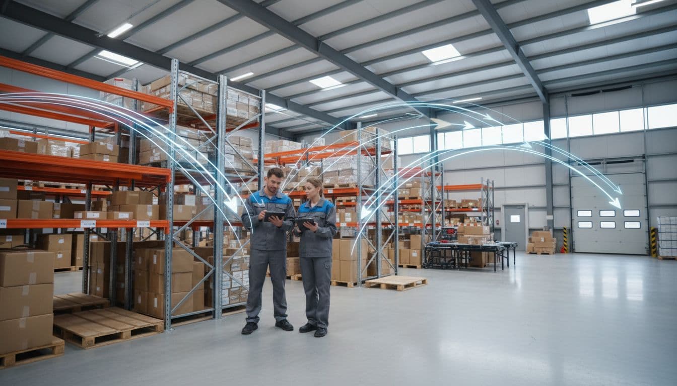 In a bright modern 3PL warehouse, exactly two workers use tablets to check orders on shelves, with subtle digital overlay arrows showing automated EDI data flow from incoming orders to picking, packing, and shipping confirmation.